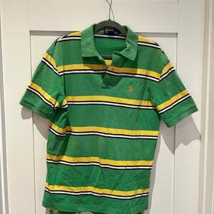 Vintage Polo Ralph Lauren Men's Green and Yellow Multi-Stripe Cotton Mesh Polo S